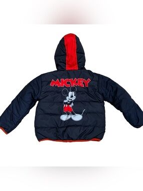 Disney Mickey Mouse Reversible Puffer Fleece Jacket 4T Toddler Black Red Hooded